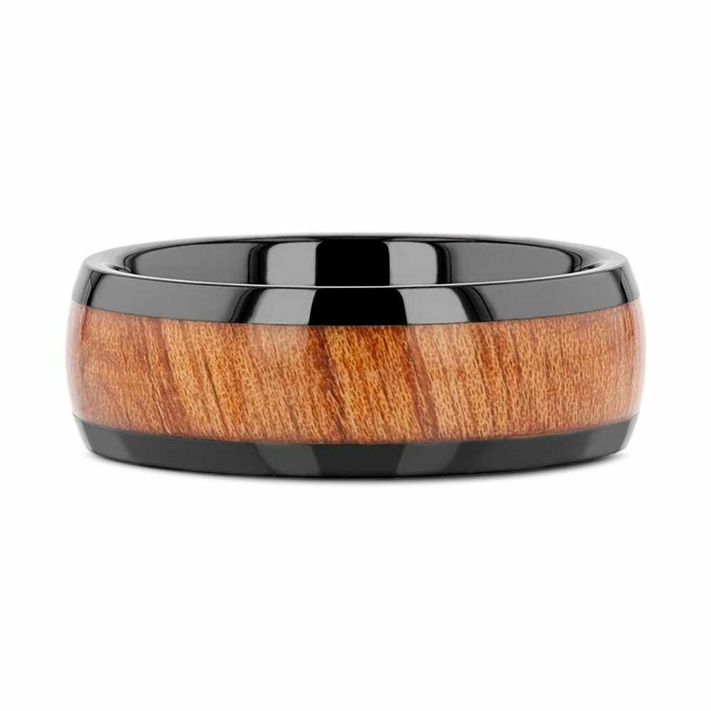 Mens Womens ODYSSEY Black Ceramic Wedding Band With Domed Polished Finish And Carpathian Elm Wood Inlay - 8mm