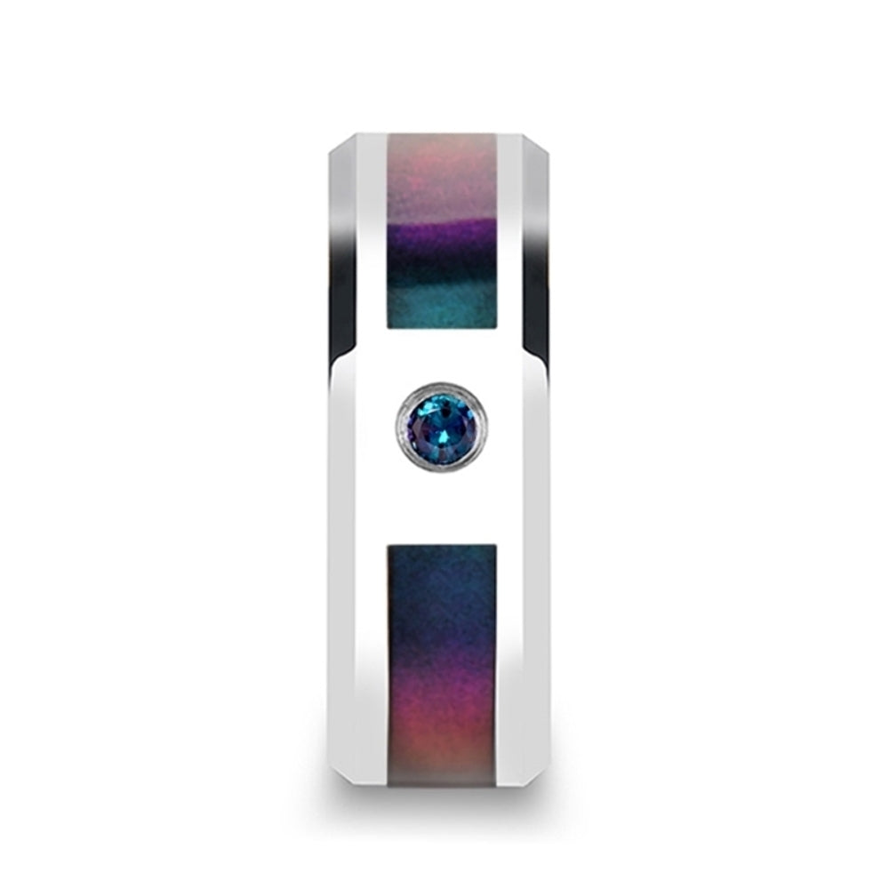Mens Tungsten Carbide Blue/Purple Color Changing Inlay Alexandrite Setting Wedding Ring - Beveled Comfort Fit - 8mm Wide - Style name: CERULEAN