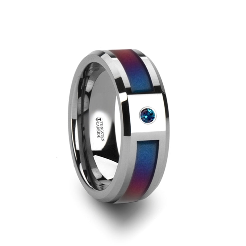 Mens Tungsten Carbide Blue/Purple Color Changing Inlay Alexandrite Setting Wedding Ring - Beveled Comfort Fit - 8mm Wide - Style name: CERULEAN