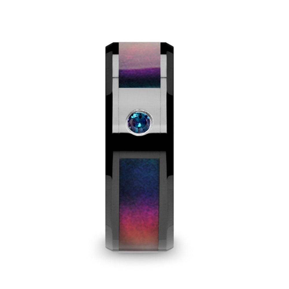 Mens Black Ceramic Blue & Purple Color Changing Inlay Alexandrite Setting Wedding Ring - Polished Comfort Fit - 8mm Wide - Style name: KLEIN