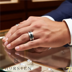 Load image into Gallery viewer, Mens Tungsten Silver Inlay &amp; Black Diamonds Grooved Wedding Ring - Brushed Comfort Fit - 8mm Wide - Style name: VALOR
