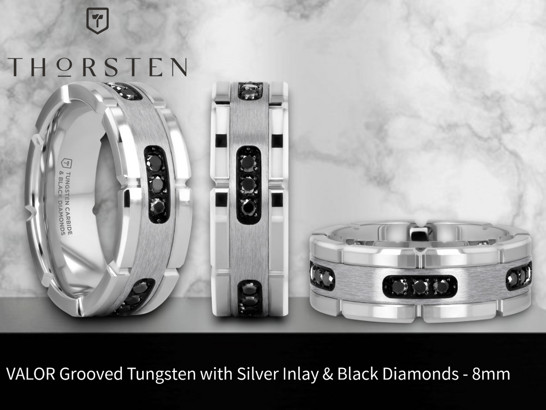 Mens Tungsten Silver Inlay & Black Diamonds Grooved Wedding Ring - Brushed Comfort Fit - 8mm Wide - Style name: VALOR