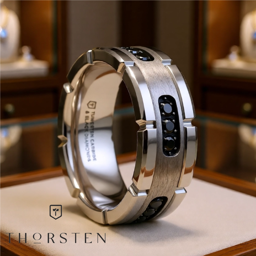 Mens Tungsten Silver Inlay & Black Diamonds Grooved Wedding Ring - Brushed Comfort Fit - 8mm Wide - Style name: VALOR