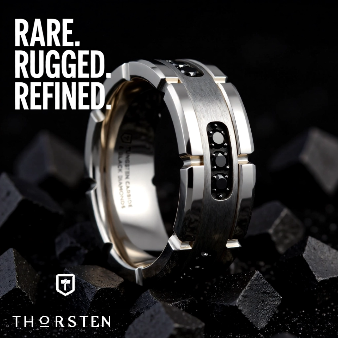 Mens Tungsten Silver Inlay & Black Diamonds Grooved Wedding Ring - Brushed Comfort Fit - 8mm Wide - Style name: VALOR