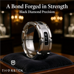 Load image into Gallery viewer, Mens Tungsten Silver Inlay &amp; Black Diamonds Grooved Wedding Ring - Brushed Comfort Fit - 8mm Wide - Style name: VALOR
