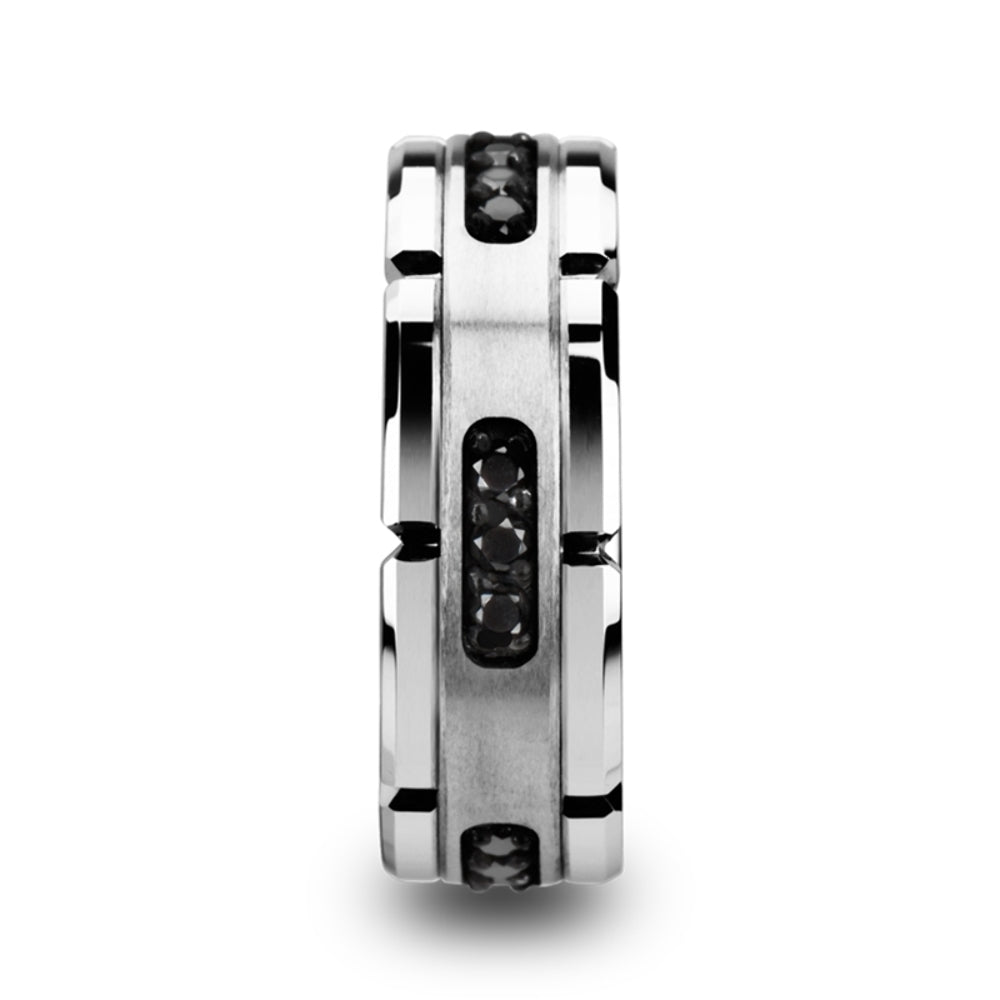 Mens Tungsten Silver Inlay & Black Diamonds Grooved Wedding Ring - Brushed Comfort Fit - 8mm Wide - Style name: VALOR
