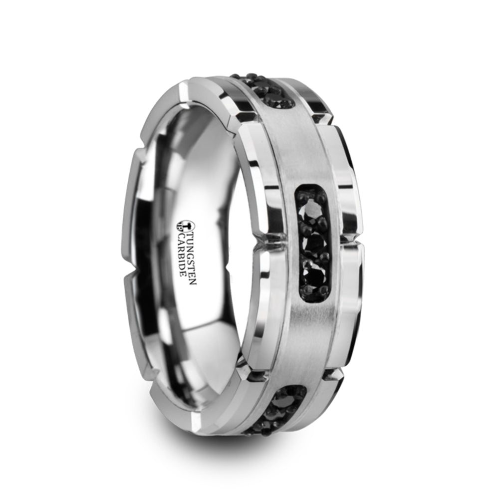 Mens Tungsten Silver Inlay & Black Diamonds Grooved Wedding Ring - Brushed Comfort Fit - 8mm Wide - Style name: VALOR