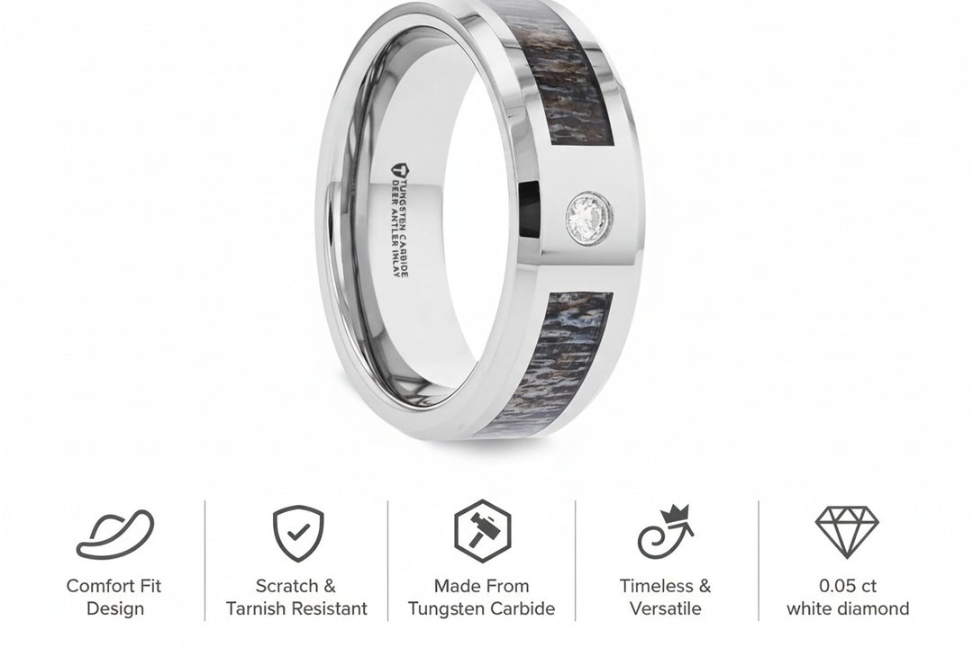 Mens Tungsten Carbide Ombre Deer Antler Inlay Diamond Wedding Ring - Polished Beveled Edges Comfort Fit - 8mm Wide - Style name: COLTON