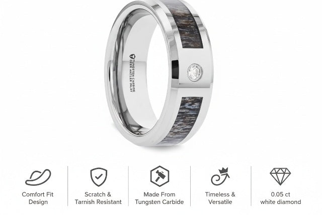Mens Tungsten Carbide Ombre Deer Antler Inlay Diamond Wedding Ring - Polished Beveled Edges Comfort Fit - 8mm Wide - Style name: COLTON