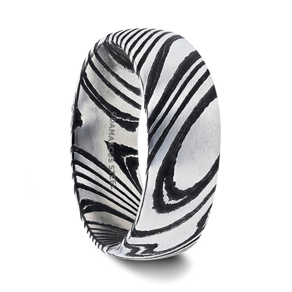 Mens Damascus Steel Vivid Etched Design Black Wedding Ring - Domed Brushed Comfort Fit - 6mm 8mm Wide - Style name: STARK