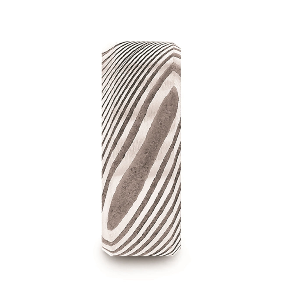 Mens Damascus Steel Vivid Etched Design Wedding Ring - Beveled Brushed Comfort Fit - 6mm 8mm Wide - Style name: GHOST