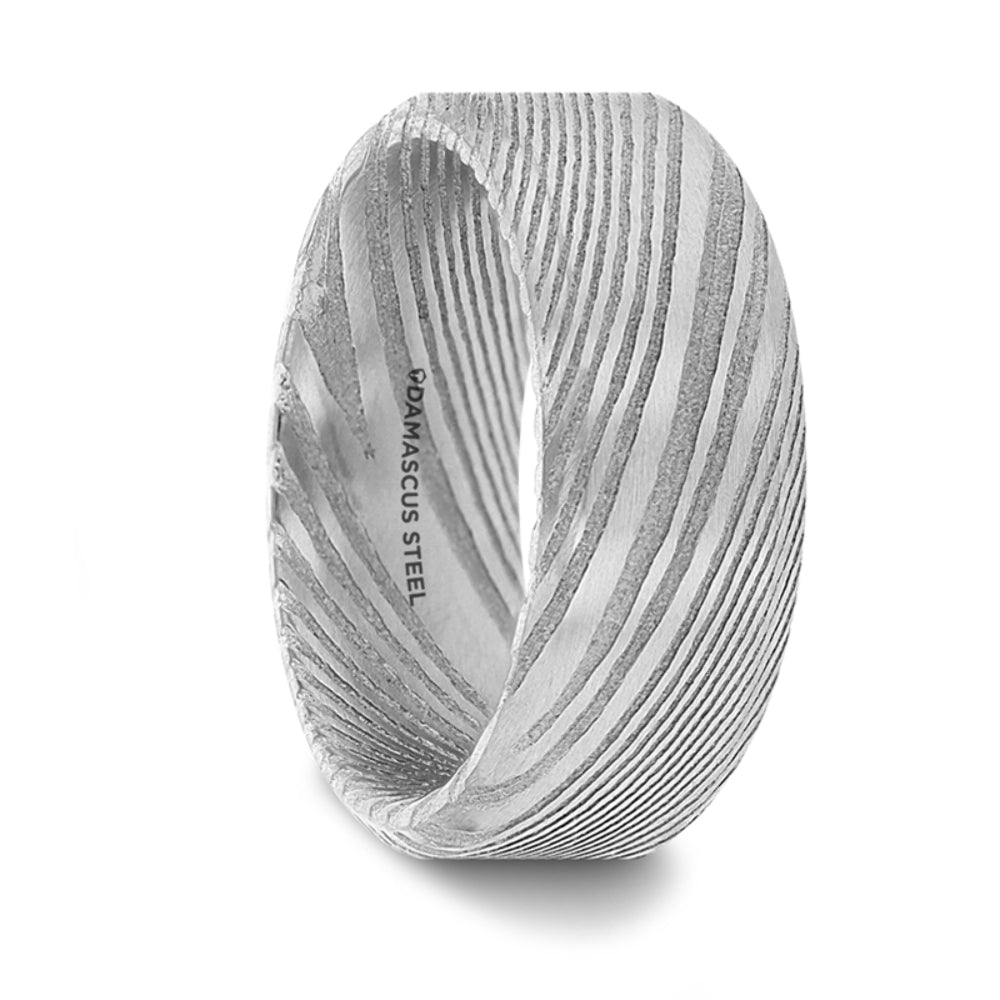 Mens Damascus Steel Vivid Etched Design Wedding Ring - Beveled Brushed Comfort Fit - 6mm 8mm Wide - Style name: GHOST