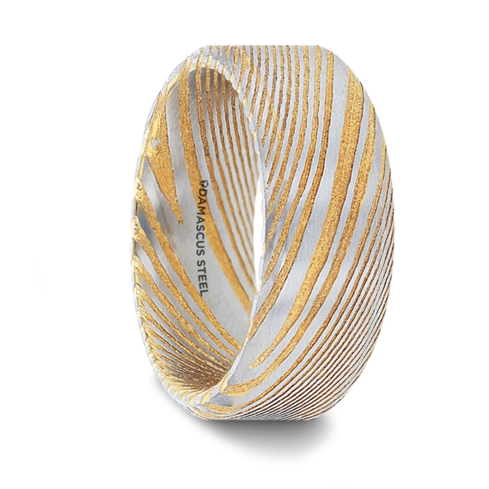 Mens Damascus Steel Vivid Etched Design Gold Color Wedding Ring - Beveled Brushed Comfort Fit - 6mm 8mm Wide - Style name: JOFFREY