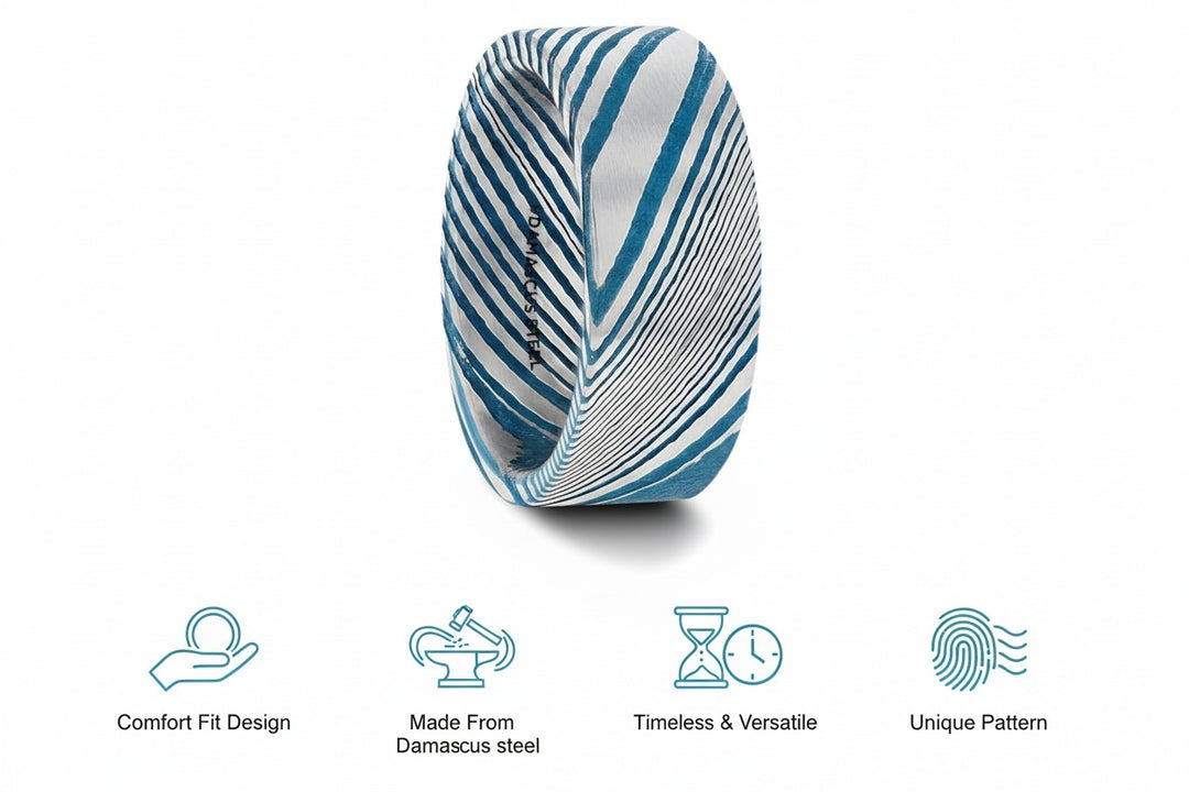 Mens Damascus Steel Vivid Etched Design Blue Wedding Ring - Flat Brushed Comfort Fit - 6mm 8mm Wide - Style name: DUKE