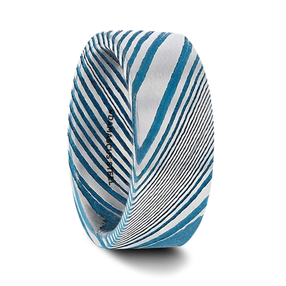 Mens Damascus Steel Vivid Etched Design Blue Wedding Ring - Flat Brushed Comfort Fit - 6mm 8mm Wide - Style name: DUKE