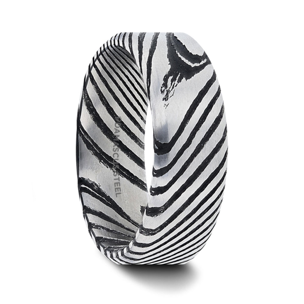 Mens Damascus Steel Vivid Etched Design Black Wedding Ring - Beveled Brushed Comfort Fit - 6mm 8mm Wide - Style name: MELVIN