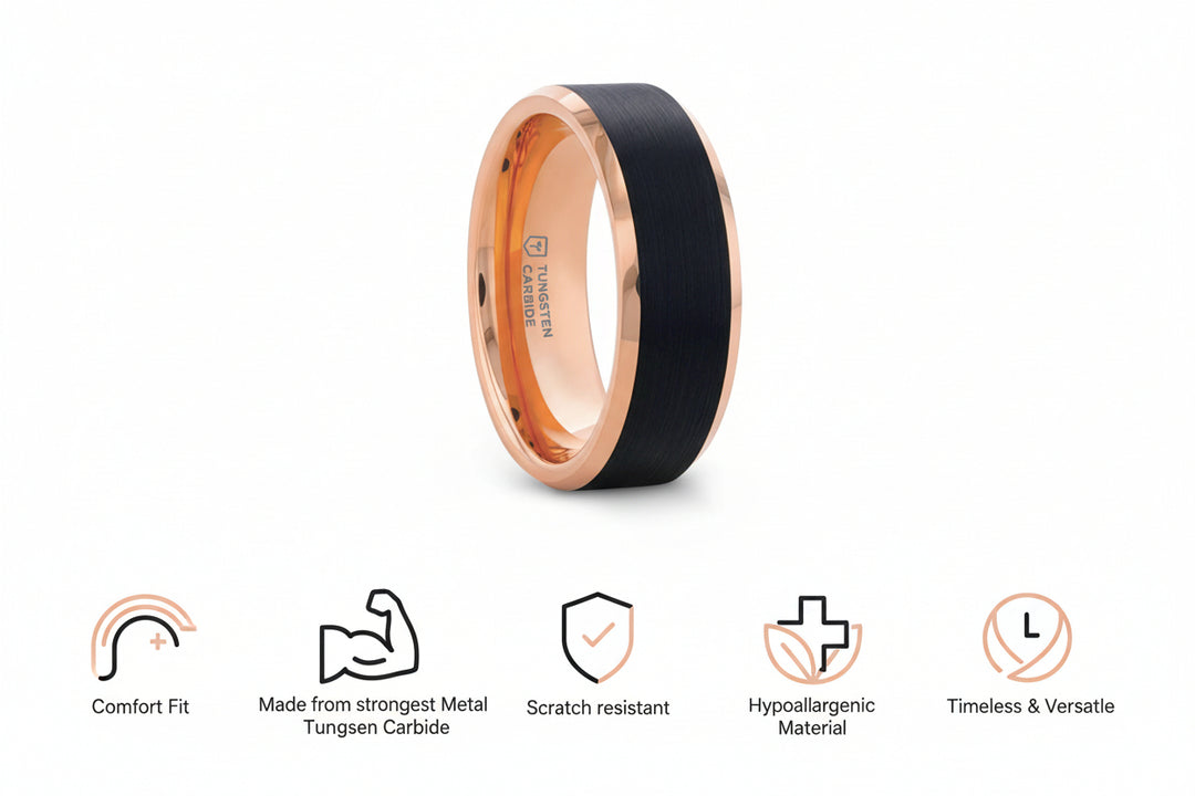 Mens Tungsten Rose Gold Plated Brushed Black Center Wedding Ring - Polished Beveled Comfort Fit - 6mm 8mm Wide - Style name: HAYDEN