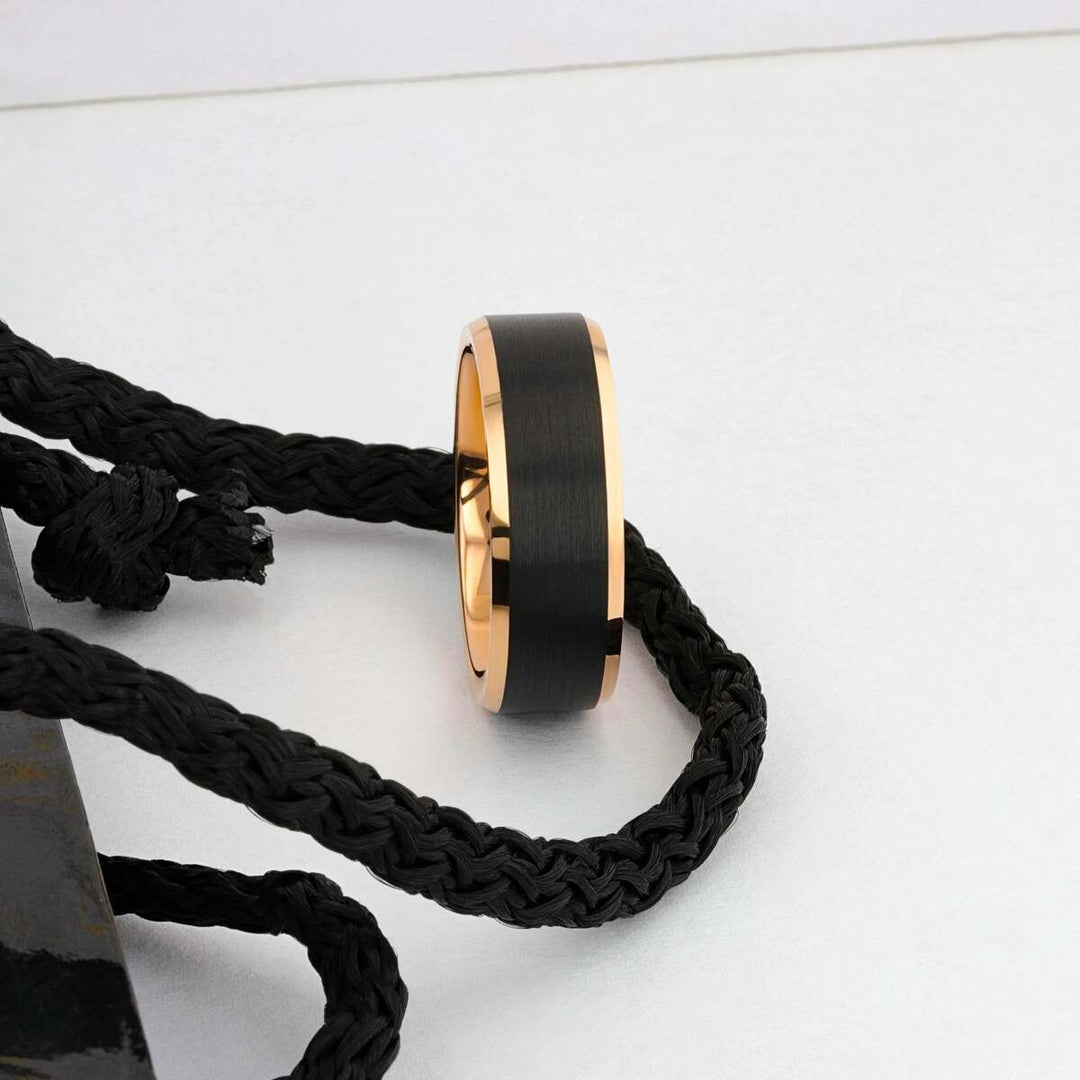 Mens Tungsten Rose Gold Plated Brushed Black Center Wedding Ring - Polished Beveled Comfort Fit - 6mm 8mm Wide - Style name: HAYDEN