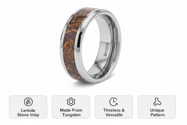 Mens Tungsten Carbide Sanskrit Stone Inlay Wedding Ring - Polished Beveled Edges Comfort Fit - 8mm Wide - Style name: ABBA