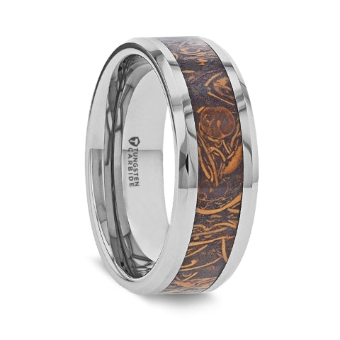 Mens Tungsten Carbide Sanskrit Stone Inlay Wedding Ring - Polished Beveled Edges Comfort Fit - 8mm Wide - Style name: ABBA