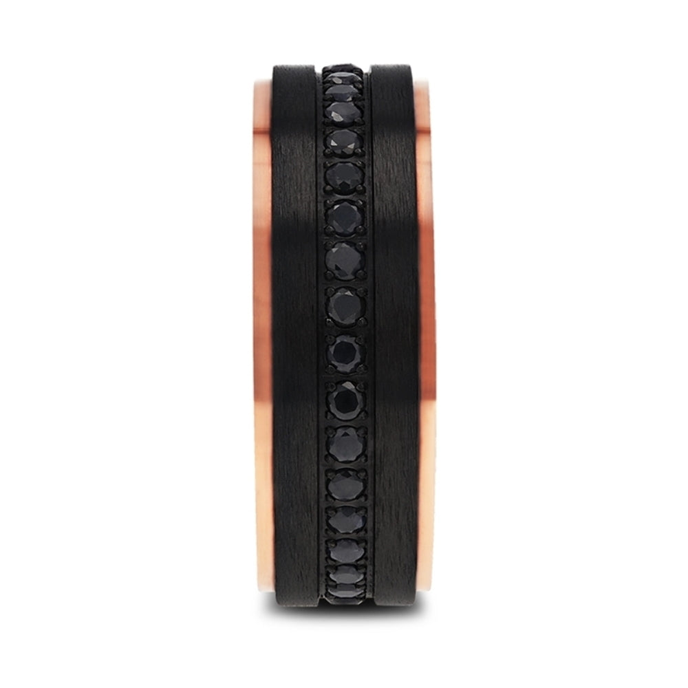 Mens Black Titanium Rose Gold Plated Inside Black Sapphire Settings all around Wedding Ring - Flat Brushed Comfort Fit - 8mm Wide - Style name: ASTRO