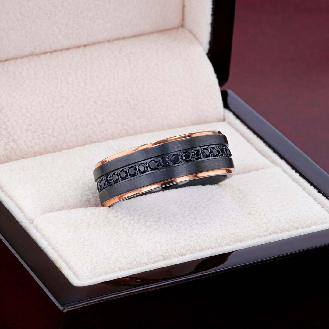 Mens Black Titanium Rose Gold Plated Inside Black Sapphire Settings all around Wedding Ring - Flat Brushed Comfort Fit - 8mm Wide - Style name: ASTRO