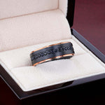 Load image into Gallery viewer, Mens Black Titanium Rose Gold Plated Inside Black Sapphire Settings all around Wedding Ring - Flat Brushed Comfort Fit - 8mm Wide - Style name: ASTRO
