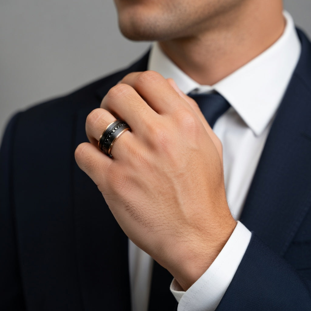 Mens Black Titanium Rose Gold Plated Inside Black Sapphire Settings all around Wedding Ring - Flat Brushed Comfort Fit - 8mm Wide - Style name: ASTRO