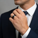 Load image into Gallery viewer, Mens Black Titanium Rose Gold Plated Inside Black Sapphire Settings all around Wedding Ring - Flat Brushed Comfort Fit - 8mm Wide - Style name: ASTRO
