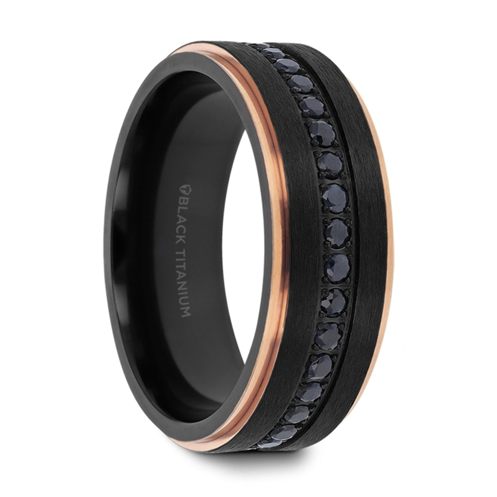 Mens Black Titanium Rose Gold Plated Inside Black Sapphire Settings all around Wedding Ring - Flat Brushed Comfort Fit - 8mm Wide - Style name: ASTRO