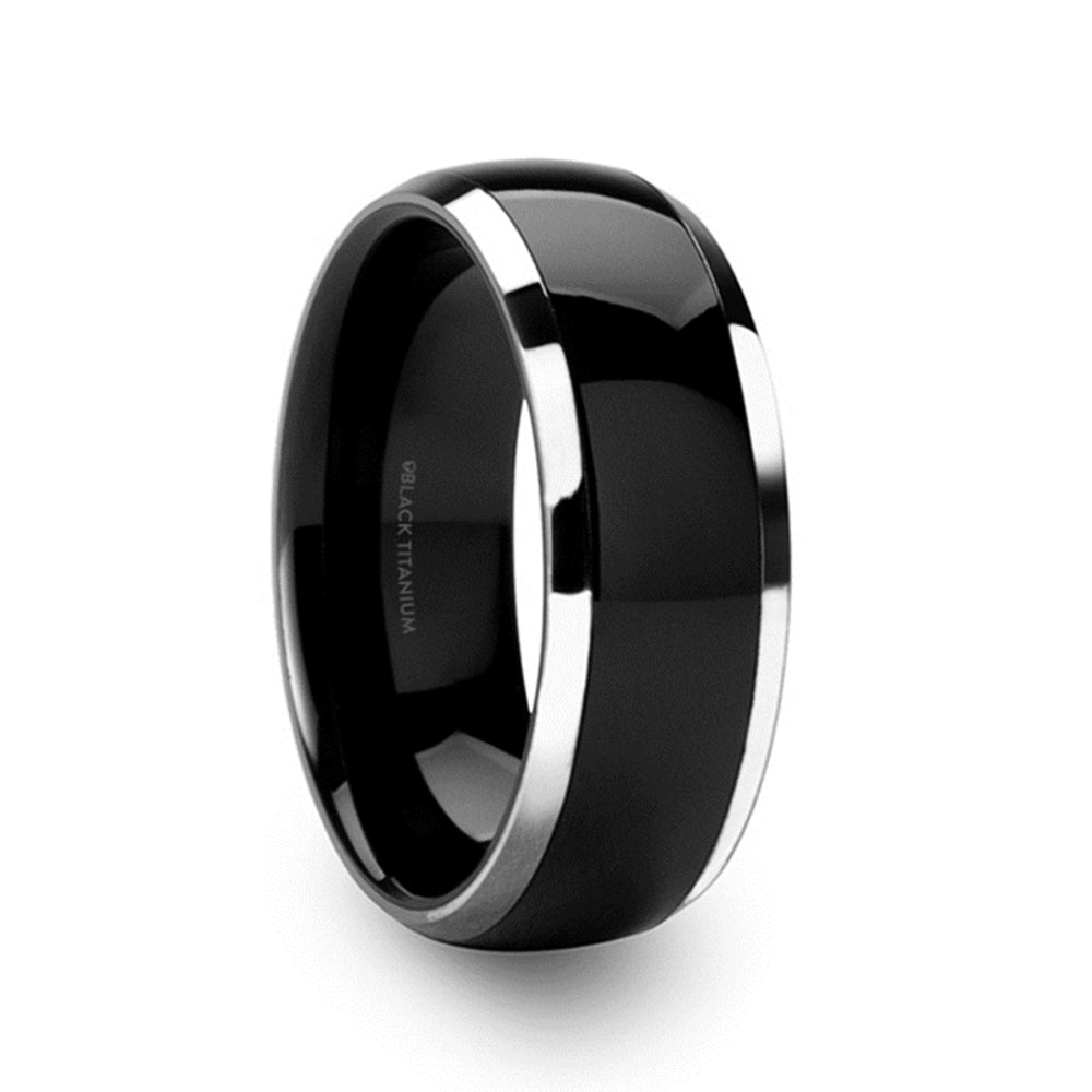 Mens Titanium Brushed Domed Black Wedding Ring - Polished Beveled Comfort Fit - 8mm Wide - Style name: NOLAN