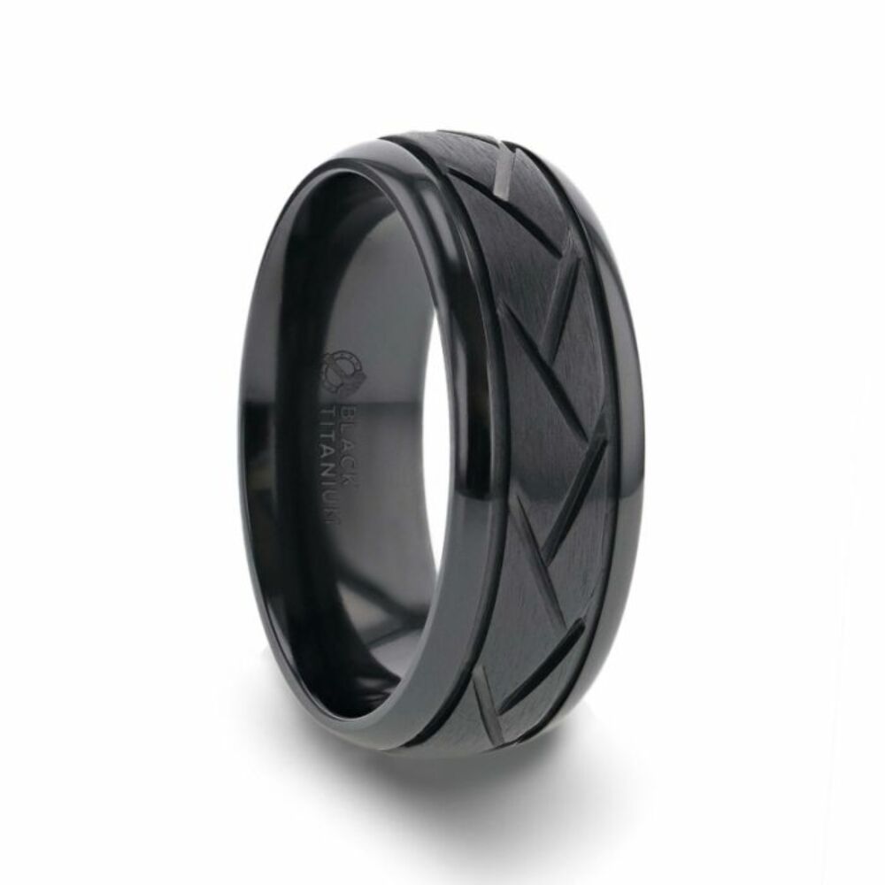 Mens Black Titanium Brushed Cross Alternating Diagonal Cuts Pattern Wedding Ring - Domed Comfort Fit - 8mm Wide - Style name: JAX