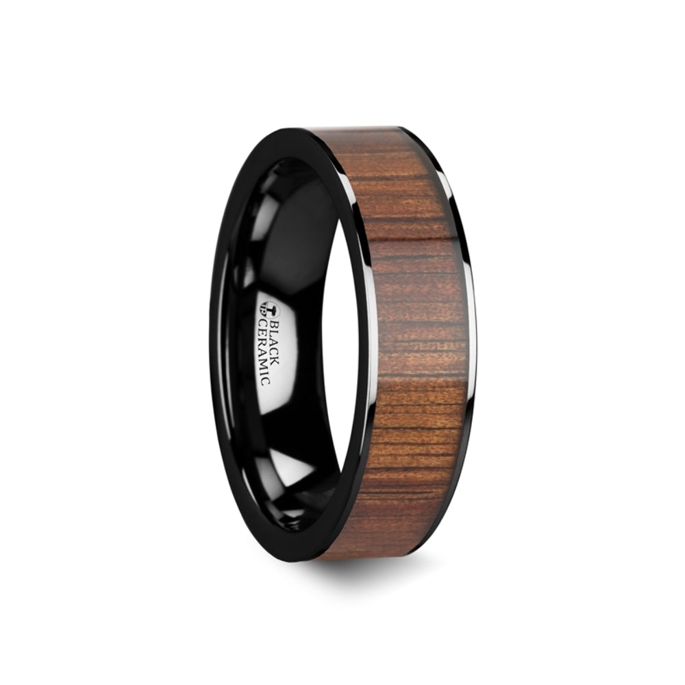 Mens Black Ceramic Koa Wood Inlay Wedding Ring - Polished Flat Comfort Fit - 6mm 7mm 8mm 10mmWide - Style name: ATREUS