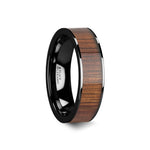 Load image into Gallery viewer, Mens Black Ceramic Koa Wood Inlay Wedding Ring - Polished Flat Comfort Fit - 6mm 7mm 8mm 10mmWide - Style name: ATREUS
