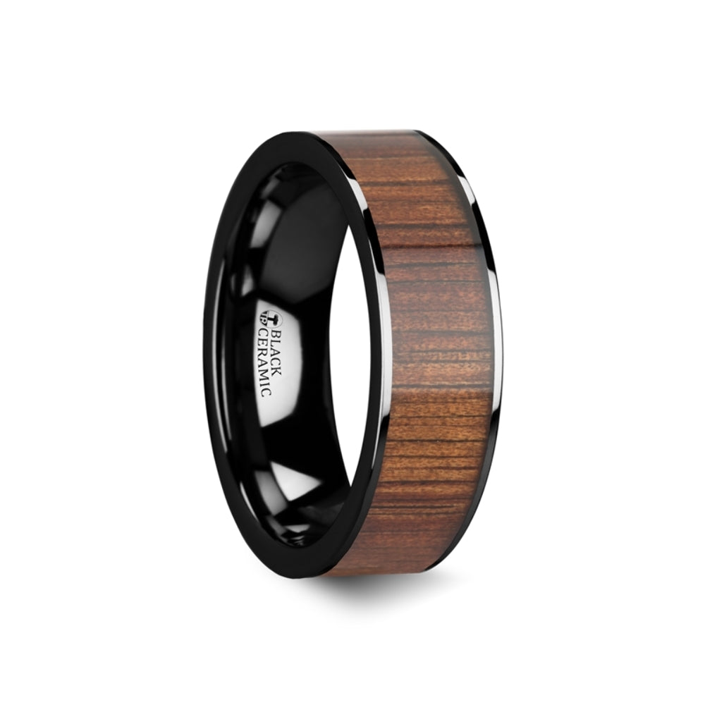 Mens Black Ceramic Koa Wood Inlay Wedding Ring - Polished Flat Comfort Fit - 6mm 7mm 8mm 10mmWide - Style name: ATREUS
