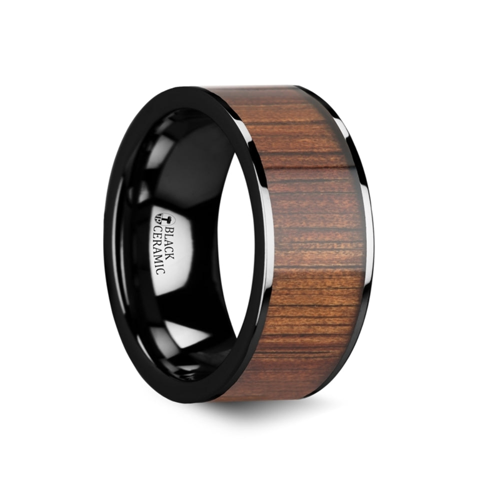 Mens Black Ceramic Koa Wood Inlay Wedding Ring - Polished Flat Comfort Fit - 6mm 7mm 8mm 10mmWide - Style name: ATREUS