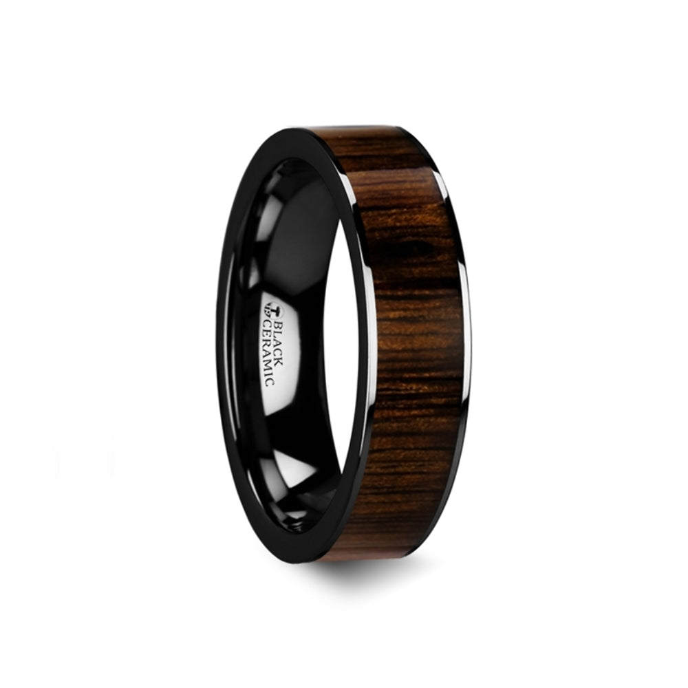 Mens Black Ceramic Black Walnut Wood Inlay Wedding Ring - Polished Finish Comfort Fit - 6mm 7mm 8mm 10mm Wide - Style name: KENDO