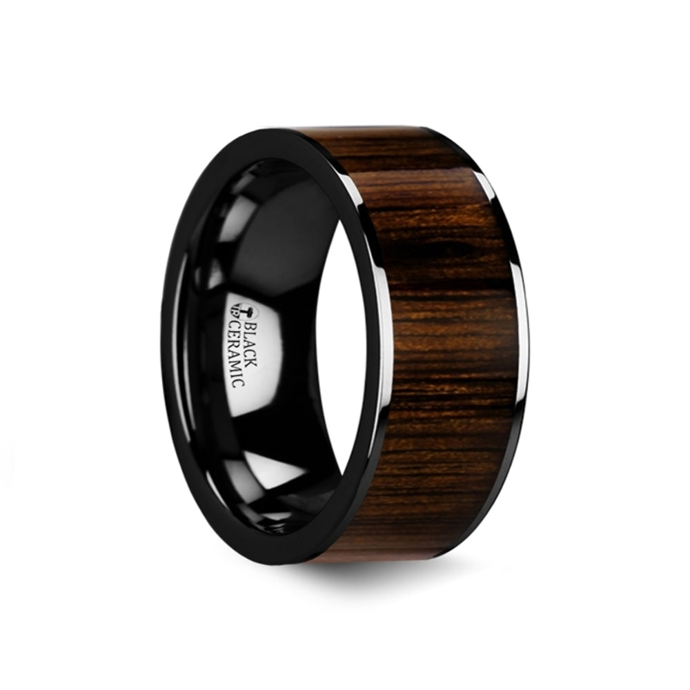 Mens Black Ceramic Black Walnut Wood Inlay Wedding Ring - Polished Finish Comfort Fit - 6mm 7mm 8mm 10mm Wide - Style name: KENDO