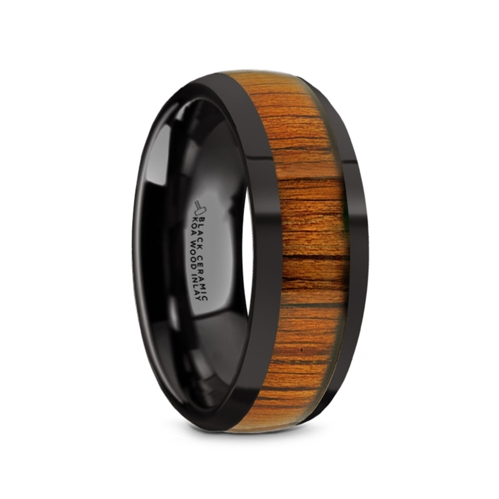 Mens Black Ceramic Koa Wood Inlay Domed Wedding Ring - Polished Finish Comfort Fit - 8mm Wide - Style name: LINDEN