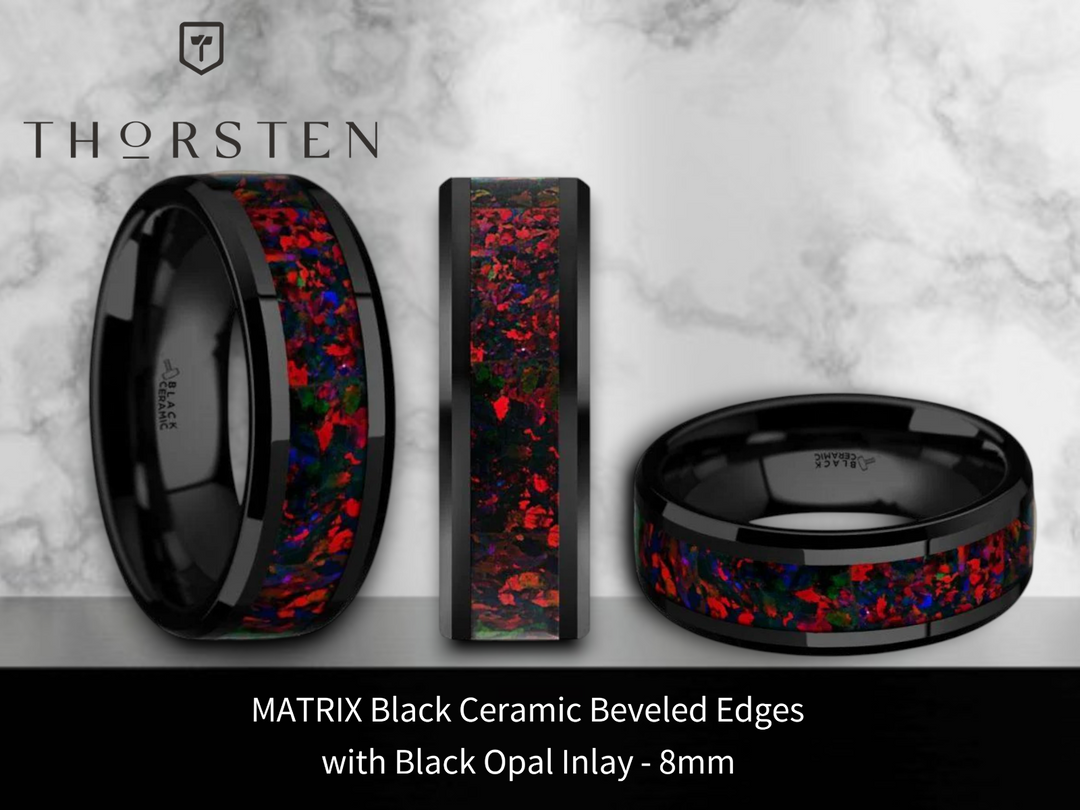 Mens Black Ceramic Black Opal Inlay Domed Wedding Ring - Polished Beveled Comfort Fit - 8mm Wide - Style name: MATRIX