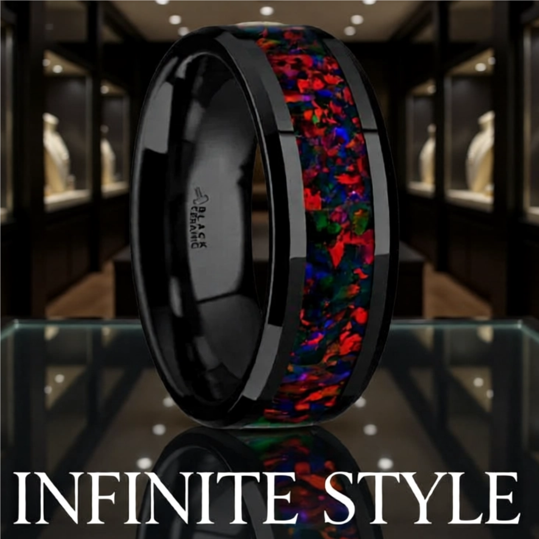 Mens Black Ceramic Black Opal Inlay Domed Wedding Ring - Polished Beveled Comfort Fit - 8mm Wide - Style name: MATRIX