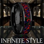 Load image into Gallery viewer, Mens Black Ceramic Black Opal Inlay Domed Wedding Ring - Polished Beveled Comfort Fit - 8mm Wide - Style name: MATRIX
