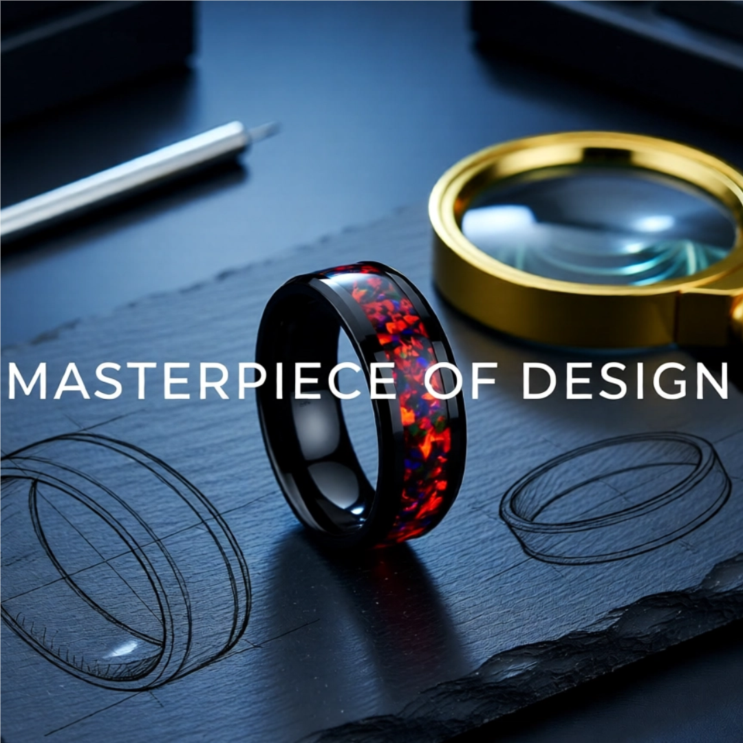 Mens Black Ceramic Black Opal Inlay Domed Wedding Ring - Polished Beveled Comfort Fit - 8mm Wide - Style name: MATRIX