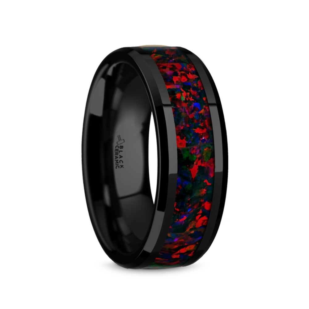 Mens Black Ceramic Black Opal Inlay Domed Wedding Ring - Polished Beveled Comfort Fit - 8mm Wide - Style name: MATRIX