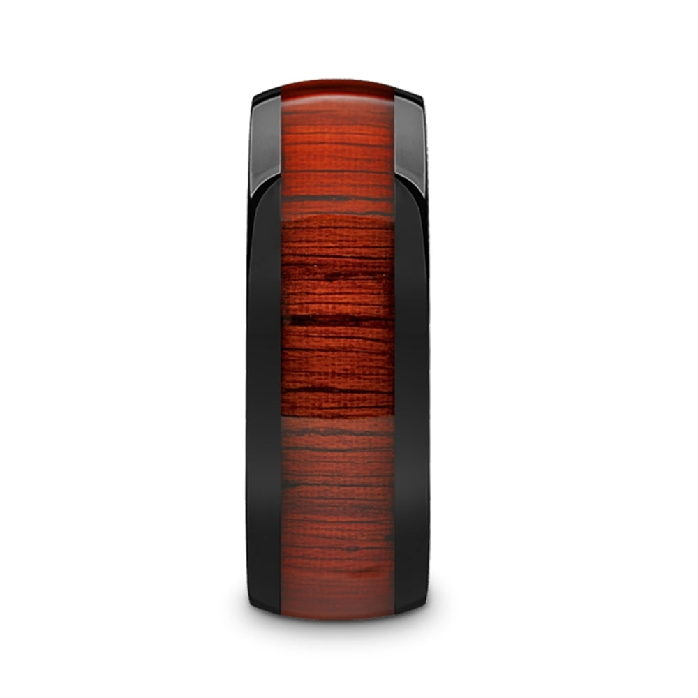 Mens Black Ceramic Padauk Wood Inlay Domed Wedding Ring - Polished Finish Comfort Fit - 8mm Wide - Style name: MANE