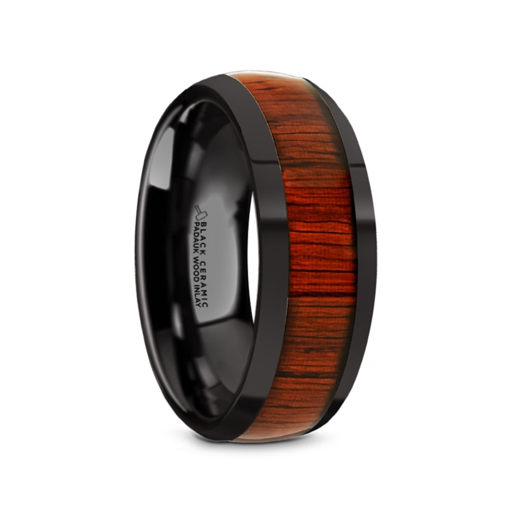 Mens Black Ceramic Padauk Wood Inlay Domed Wedding Ring - Polished Finish Comfort Fit - 8mm Wide - Style name: MANE