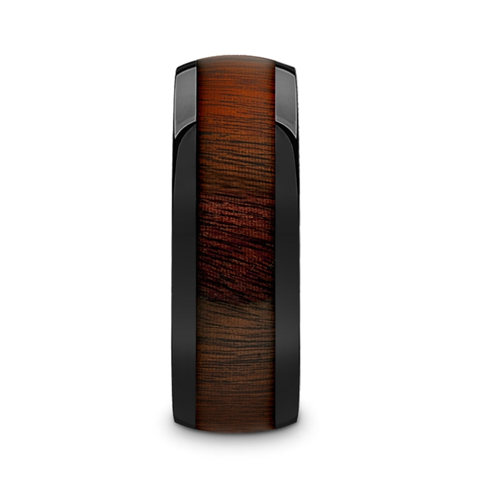Mens Black Ceramic Rose Wood Inlay Domed Wedding Ring - Polished Finish Comfort Fit - 8mm Wide - Style name: ROSAE