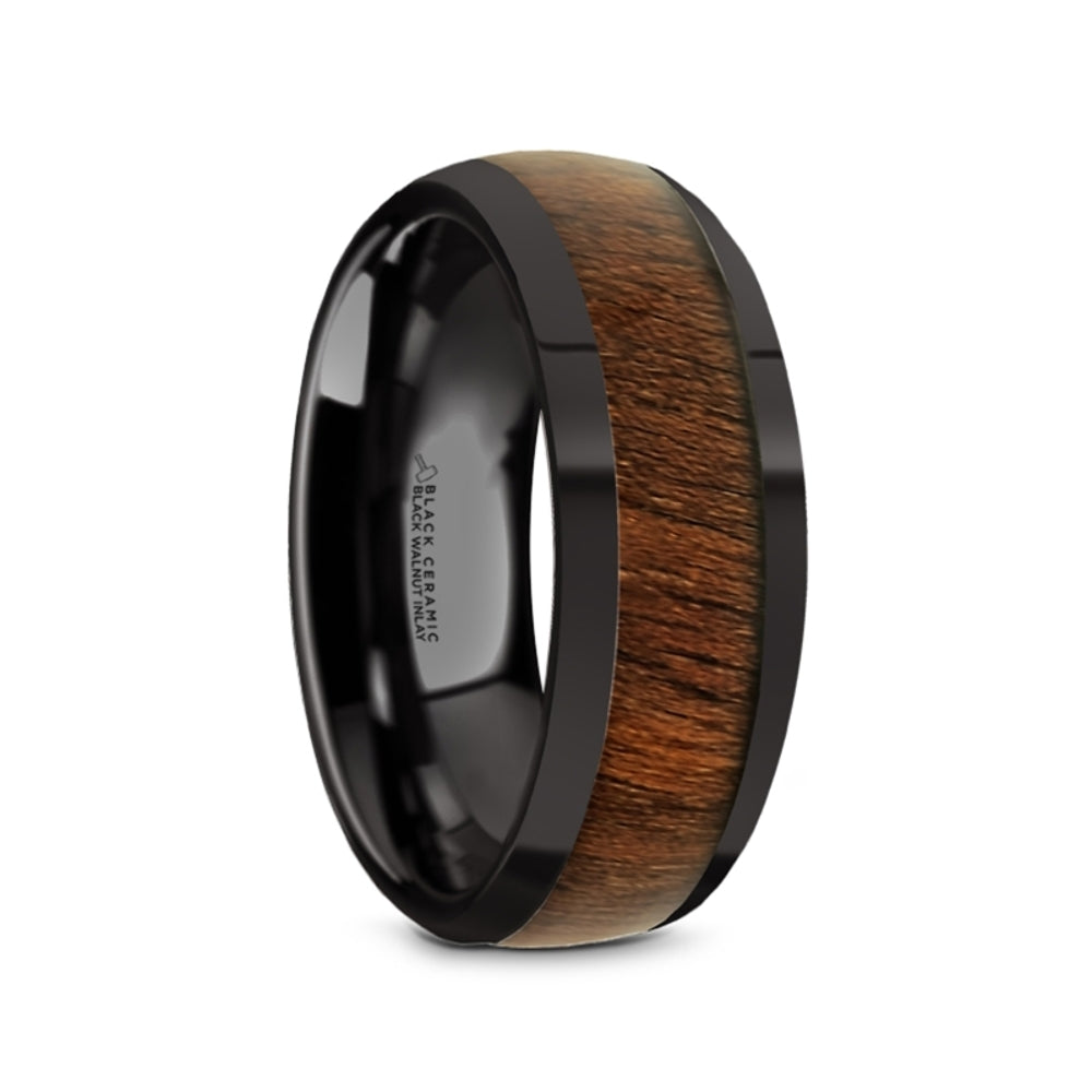 Mens Black Ceramic Black Walnut Inlay Domed Wedding Ring - Polished Comfort Fit - 8mm Wide - Style name: WALLACE