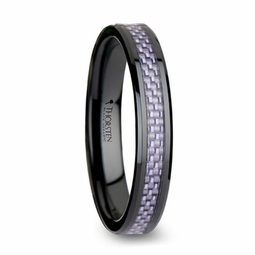Mens Black Ceramic Purple Carbon Fiber Inlay Wedding Ring - Beveled Comfort Fit - 4mm 6mm Wide - Style name: LILAC