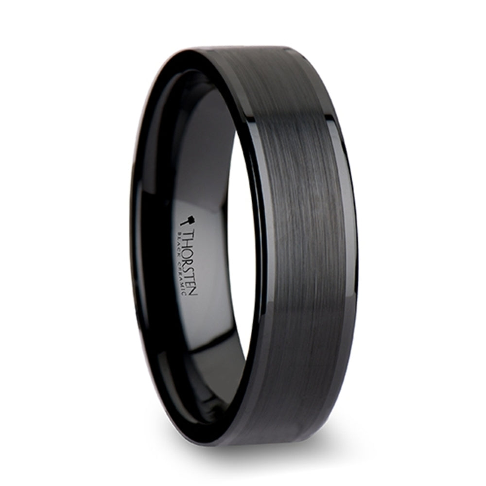 Mens Flat Black Ceramic Brushed Center Wedding Ring - Polished Edges Comfort Fit - 4mm 6mm 8mm 10mm 12mm Wide - Style name: OCTAVIUS